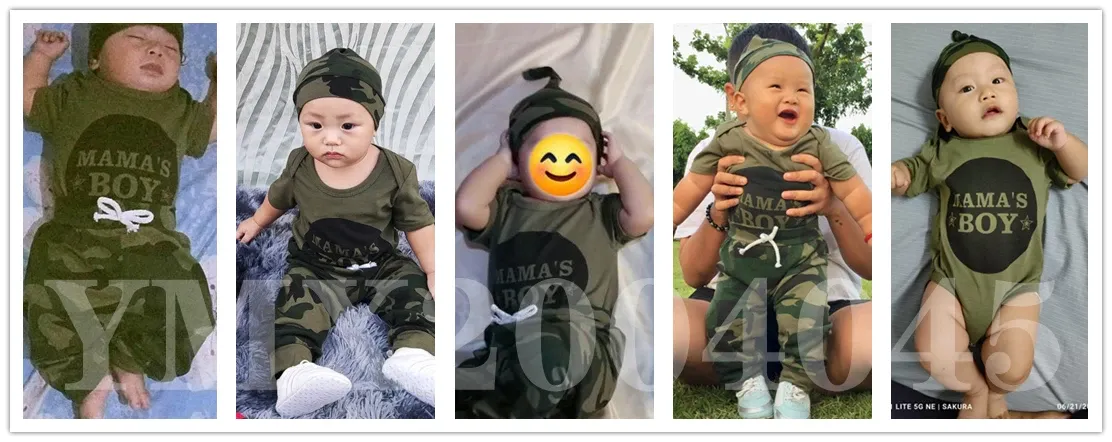 Newborn Baby Boy Summer Outfit Set: Letter Print Short Sleeve Romper, Camouflage Pants & Hat - 3 Piece Toddler Clothes for 0-18 Months showcase 1