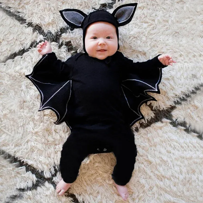 Halloween Baby Bat Costume Romper Jumpsuit for Infants Boys Girls - Black Cotton Cosplay Outfit with Hat for Purim Party Carnival Fancy Dress thumbnail 1