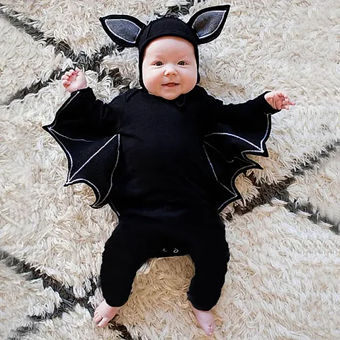 Halloween Baby Bat Costume Romper Jumpsuit for Infants Boys Girls - Black Cotton Cosplay Outfit with Hat for Purim Party Carnival Fancy Dress