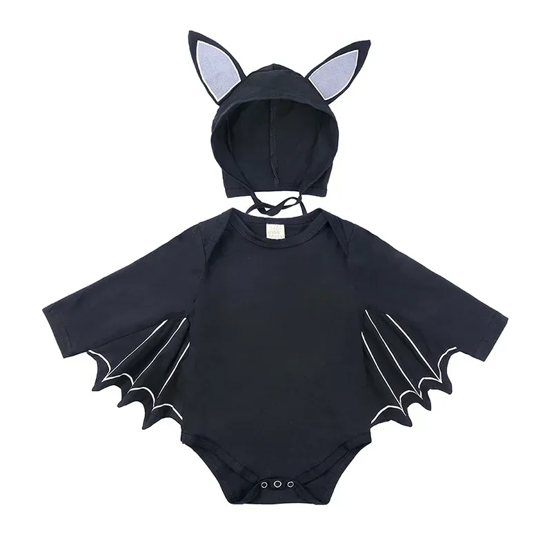 Halloween Baby Bat Costume Romper Jumpsuit for Infants Boys Girls - Black Cotton Cosplay Outfit with Hat for Purim Party Carnival Fancy Dress thumbnail 4