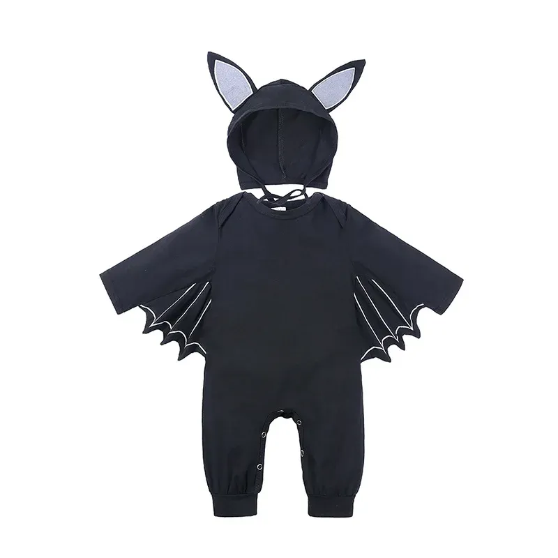 Halloween Baby Bat Costume Romper Jumpsuit for Infants Boys Girls - Black Cotton Cosplay Outfit with Hat for Purim Party Carnival Fancy Dress thumbnail 3