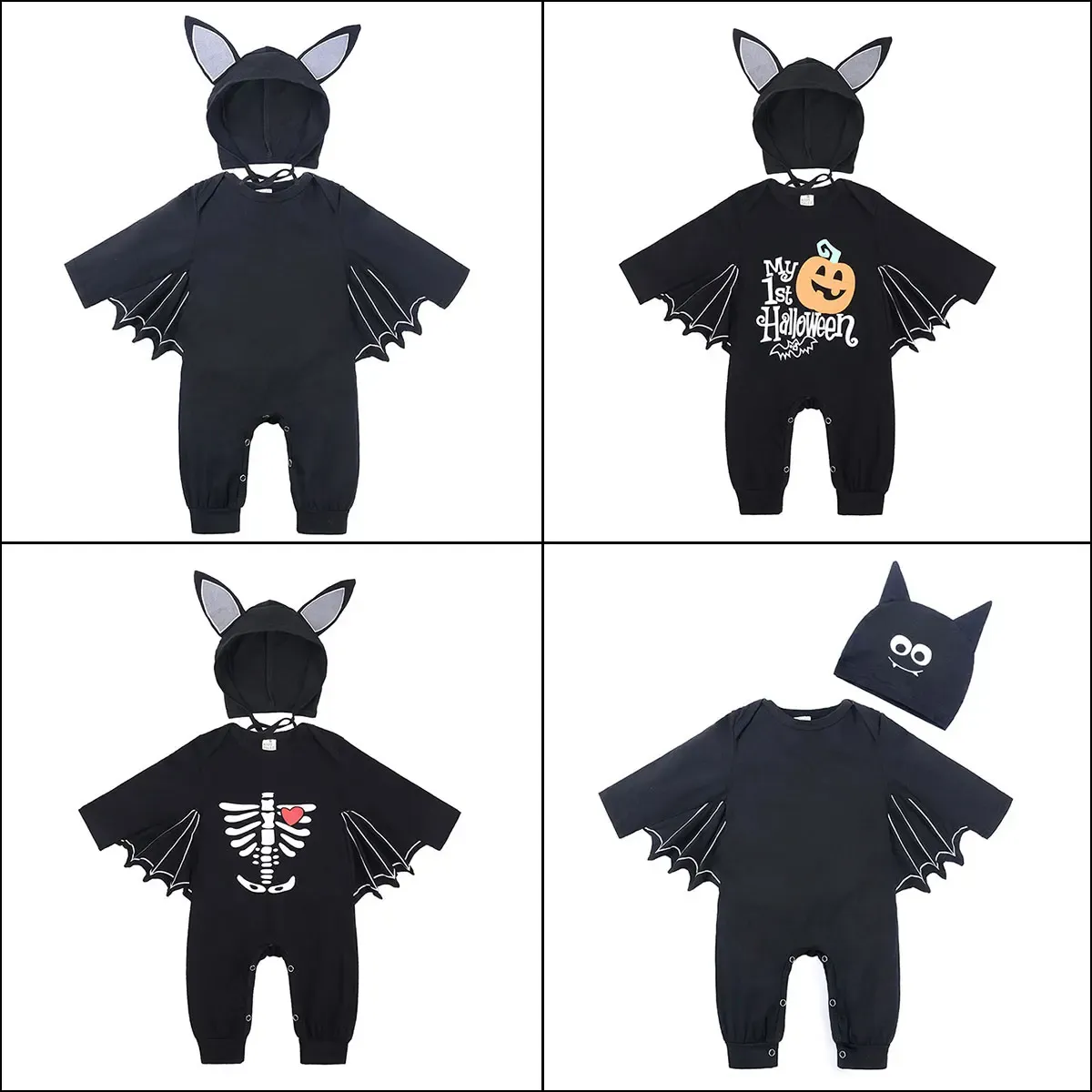 Halloween Baby Bat Costume Romper Jumpsuit for Infants Boys Girls - Black Cotton Cosplay Outfit with Hat for Purim Party Carnival Fancy Dress thumbnail 5