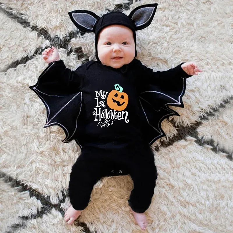 Halloween Baby Bat Costume Romper Jumpsuit for Infants Boys Girls - Black Cotton Cosplay Outfit with Hat for Purim Party Carnival Fancy Dress thumbnail 2