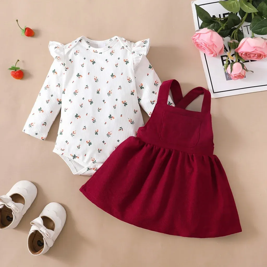 Newborn Baby Princess Birthday Dress Set: Long Sleeve Romper & Red Strap Skirt for Infant Girls (0-18 Months) - Perfect for Parties & Special Occasions