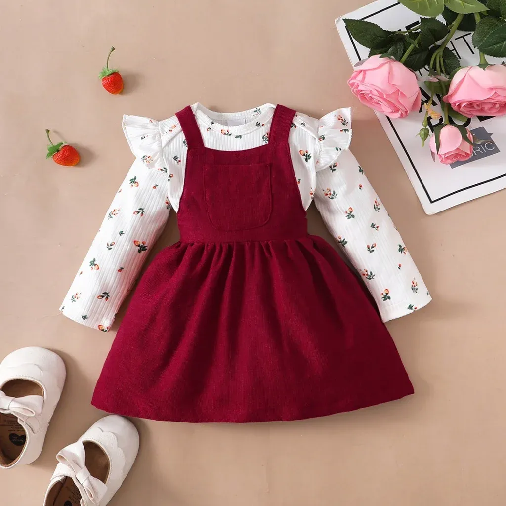 Newborn Baby Princess Birthday Dress Set: Long Sleeve Romper & Red Strap Skirt for Infant Girls (0-18 Months) - Perfect for Parties & Special Occasions showcase 2