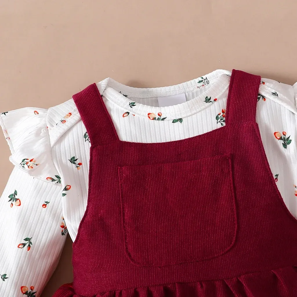 Newborn Baby Princess Birthday Dress Set: Long Sleeve Romper & Red Strap Skirt for Infant Girls (0-18 Months) - Perfect for Parties & Special Occasions thumbnail 3