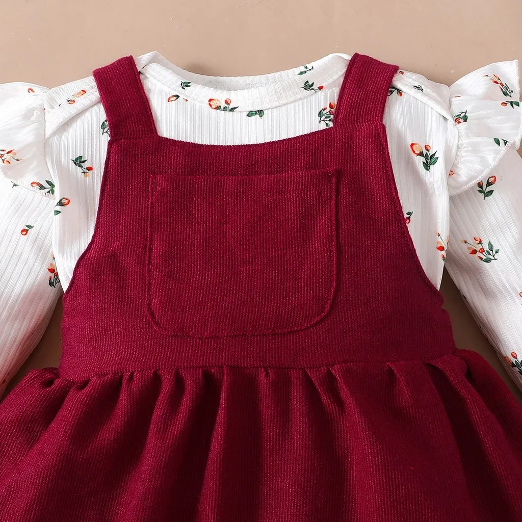 Newborn Baby Princess Birthday Dress Set: Long Sleeve Romper & Red Strap Skirt for Infant Girls (0-18 Months) - Perfect for Parties & Special Occasions thumbnail 4