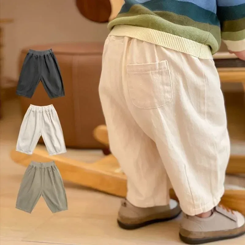 Kids Casual Ankle Length Trousers for Boys & Girls - Solid Color Loose Fit Cotton Pants for Toddlers, Summer/Spring Fashion thumbnail 1