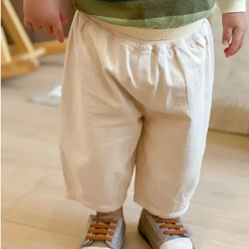 Kids Casual Ankle Length Trousers for Boys & Girls - Solid Color Loose Fit Cotton Pants for Toddlers, Summer/Spring Fashion thumbnail 4