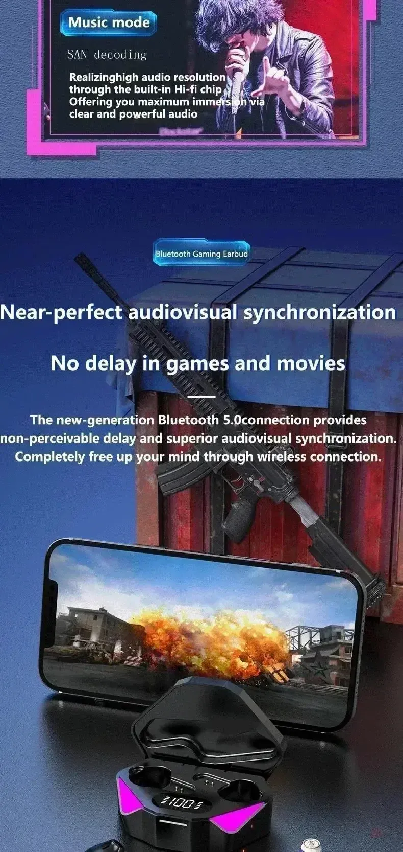 TWS Bluetooth 5.3 Wireless Earphones for Gamers, Low Latency 65ms Gaming Earbuds with Mic, Noise Cancelling Fone Headset for Mobile Phones showcase 4