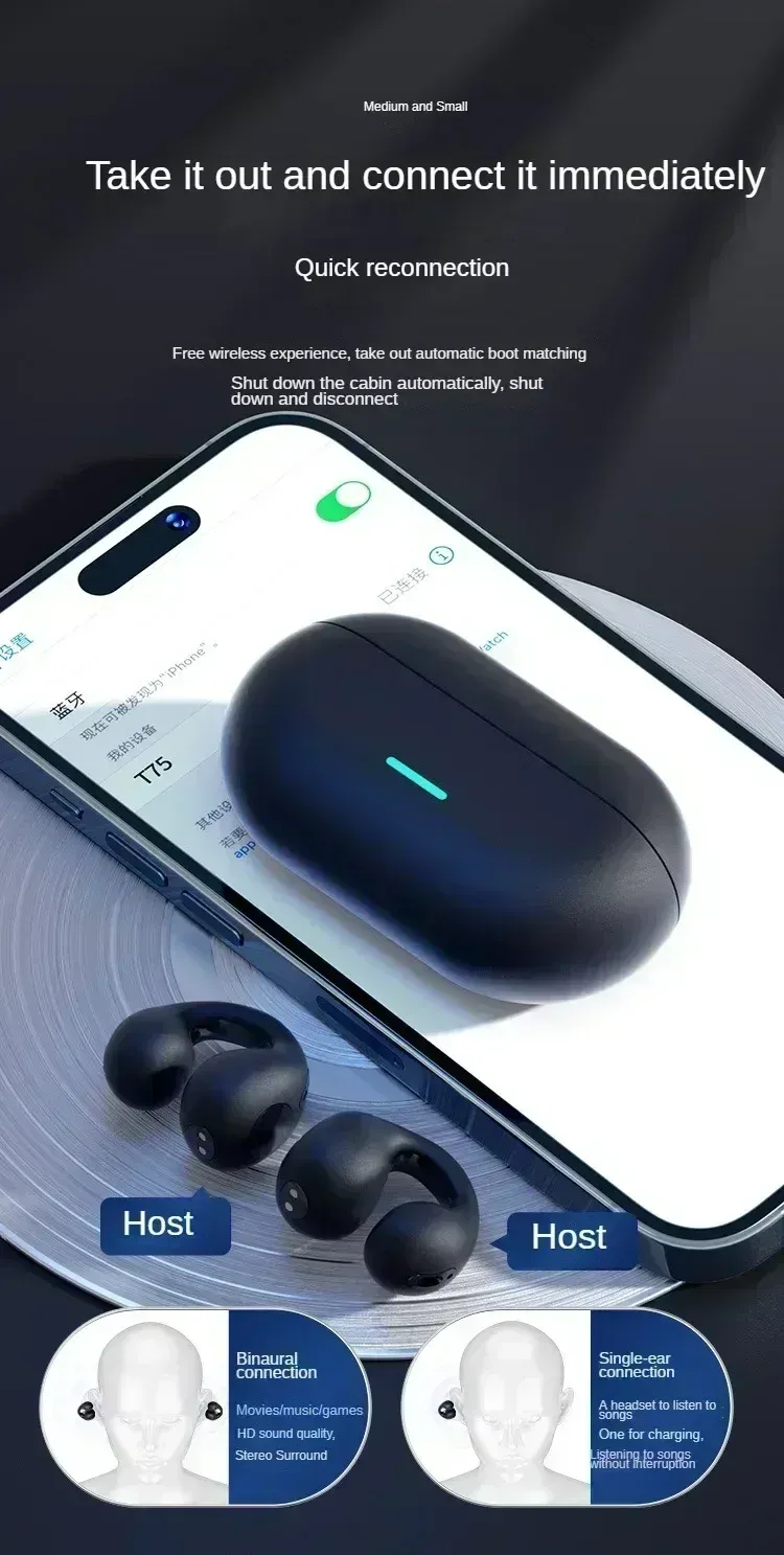 TWS Bluetooth 5.3 Wireless Earphones with Noise Canceling HD Call, Air Conduction Clip-On Design for Sports, Gaming & Music - Low Latency Dual Mode showcase 10
