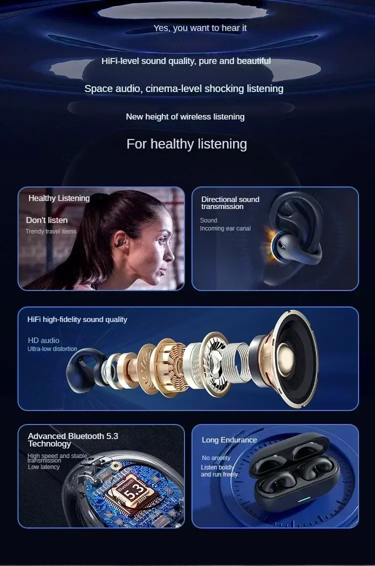 TWS Bluetooth 5.3 Wireless Earphones with Noise Canceling HD Call, Air Conduction Clip-On Design for Sports, Gaming & Music - Low Latency Dual Mode showcase 3