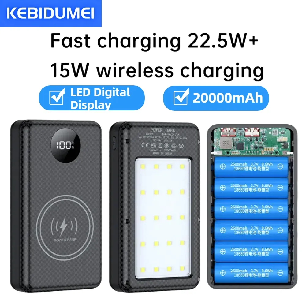 20000mAh Power Bank Case with 22.5W Fast Charging & 15W Wireless Charging, 6x18650 Battery Holder with Digital Display & Camping Light for Mobile Phones