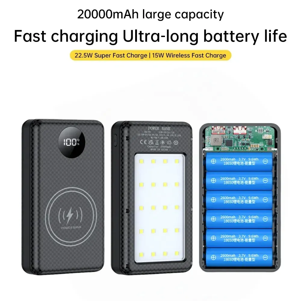 20000mAh Power Bank Case with 22.5W Fast Charging & 15W Wireless Charging, 6x18650 Battery Holder with Digital Display & Camping Light for Mobile Phones showcase 5