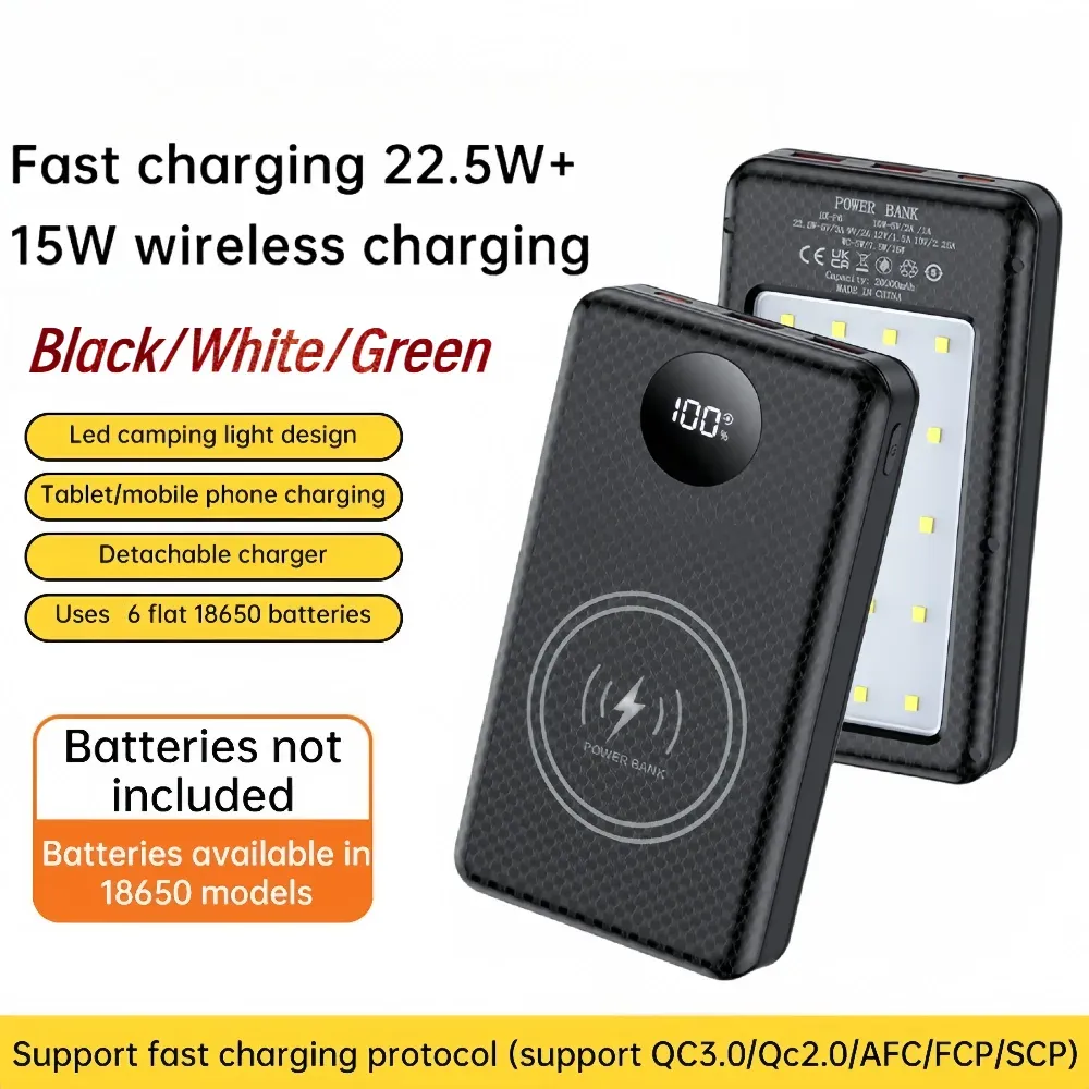 20000mAh Power Bank Case with 22.5W Fast Charging & 15W Wireless Charging, 6x18650 Battery Holder with Digital Display & Camping Light for Mobile Phones thumbnail 5
