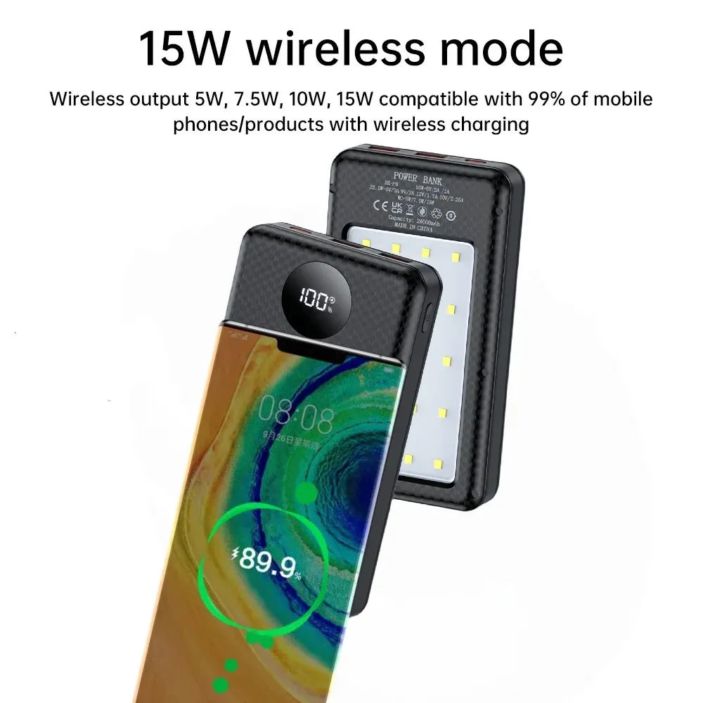 20000mAh Power Bank Case with 22.5W Fast Charging & 15W Wireless Charging, 6x18650 Battery Holder with Digital Display & Camping Light for Mobile Phones thumbnail 2