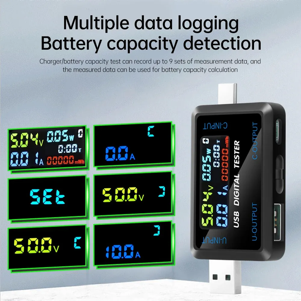 10-in-1 USB Fast Charging Tester Voltmeter Ammeter 4.5-36V 0-8A Power Bank Charger Indicator with IPS LCD Screen for QC PD thumbnail 3