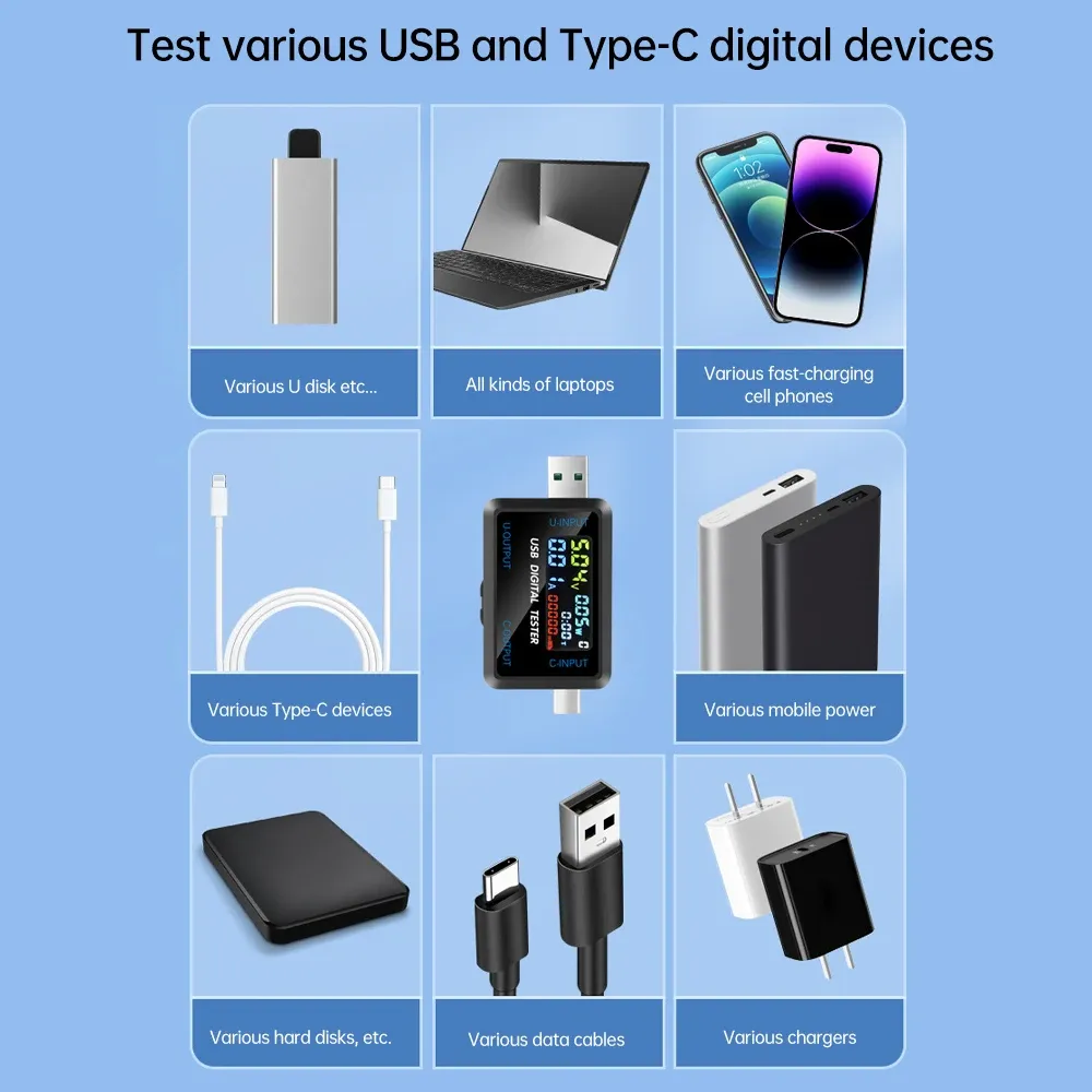 10-in-1 USB Fast Charging Tester Voltmeter Ammeter 4.5-36V 0-8A Power Bank Charger Indicator with IPS LCD Screen for QC PD showcase 12