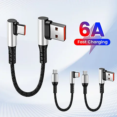 6A Fast Charging USB-C to USB-C Cable 0.25M/0.5M, 90 Degree Elbow, Data Sync Cord for iPhone 15, iPad, Power Banks, Supports PD Quick Charge
