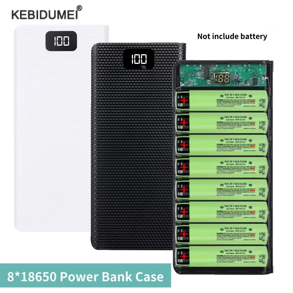 DIY 8x 18650 Battery Power Bank Case with Dual USB & Type-C PD QC3.0 Fast Charge, LCD Display, LED Light - Portable Charger Box for Smartphones