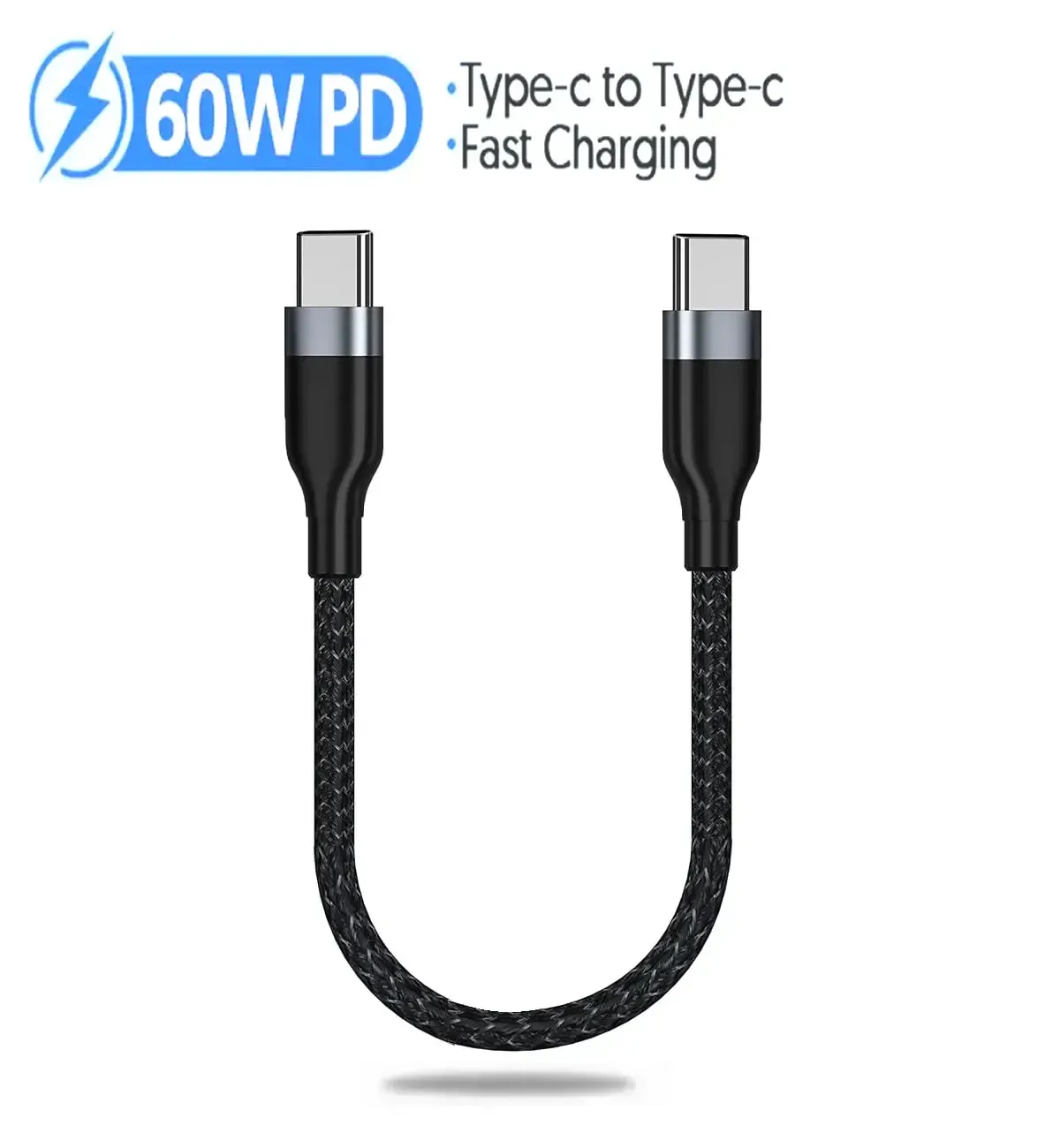 65W USB-C to USB-C Fast Charging Cable 25cm Short Cord for iPhone Samsung MacBook, PD Power Delivery Data Sync, Durable Nylon Braided Portable Charger