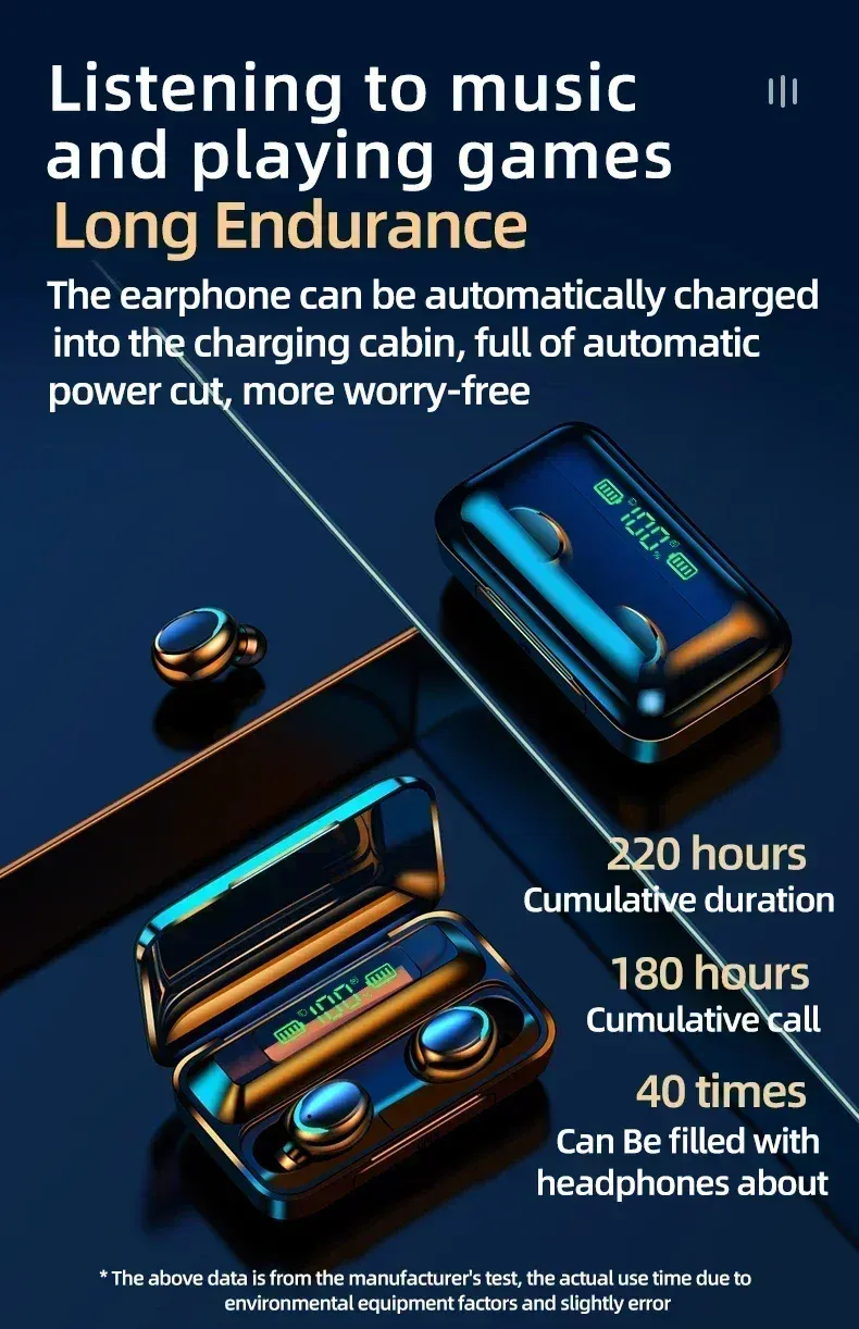 F9 Sport Wireless Earphones Bluetooth 5.1 Stereo Headphones with Noise Reduction, Waterproof Earbuds with Mic, 9D Bass Sound, Touch Control, Charging Case for Running & Fitness showcase 9