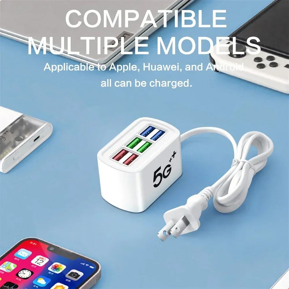 6-in-1 USB Power Strip Desktop Charging Station with 1m Cord, Fast Charging USB Hub Adapter Socket for iPhone, Home & Office Use thumbnail 2