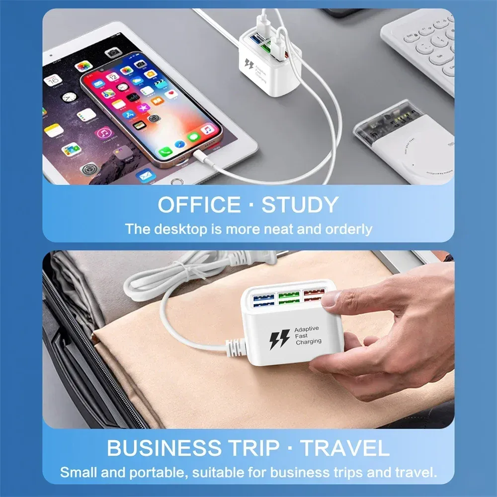 6-in-1 USB Power Strip Desktop Charging Station with 1m Cord, Fast Charging USB Hub Adapter Socket for iPhone, Home & Office Use thumbnail 6