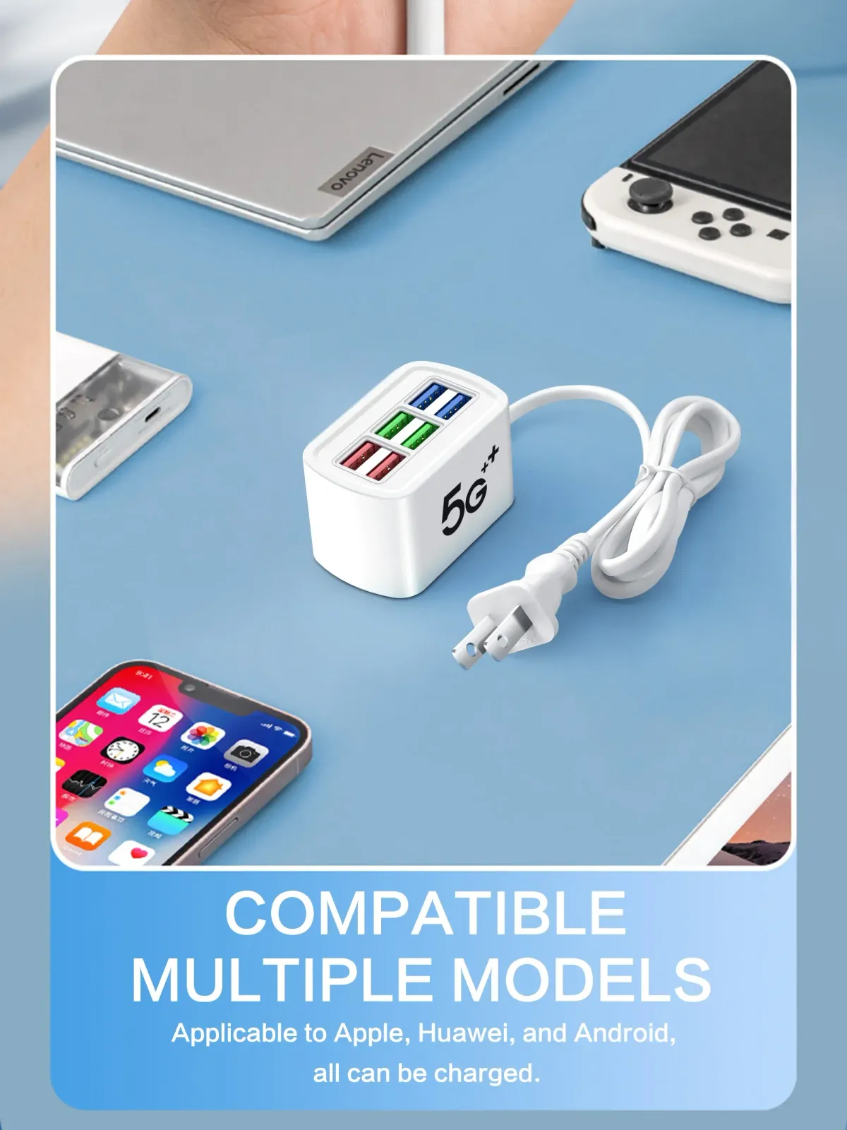 6-in-1 USB Power Strip Desktop Charging Station with 1m Cord, Fast Charging USB Hub Adapter Socket for iPhone, Home & Office Use showcase 4