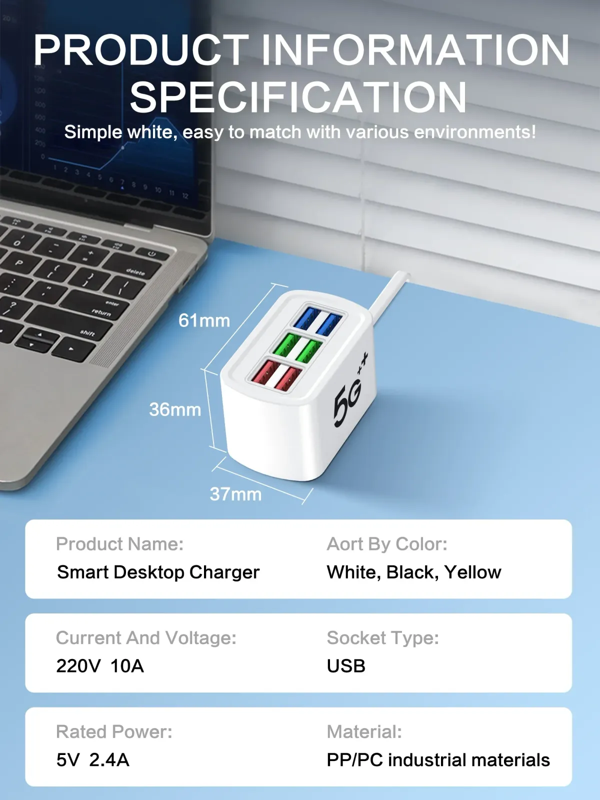 6-in-1 USB Power Strip Desktop Charging Station with 1m Cord, Fast Charging USB Hub Adapter Socket for iPhone, Home & Office Use showcase 6
