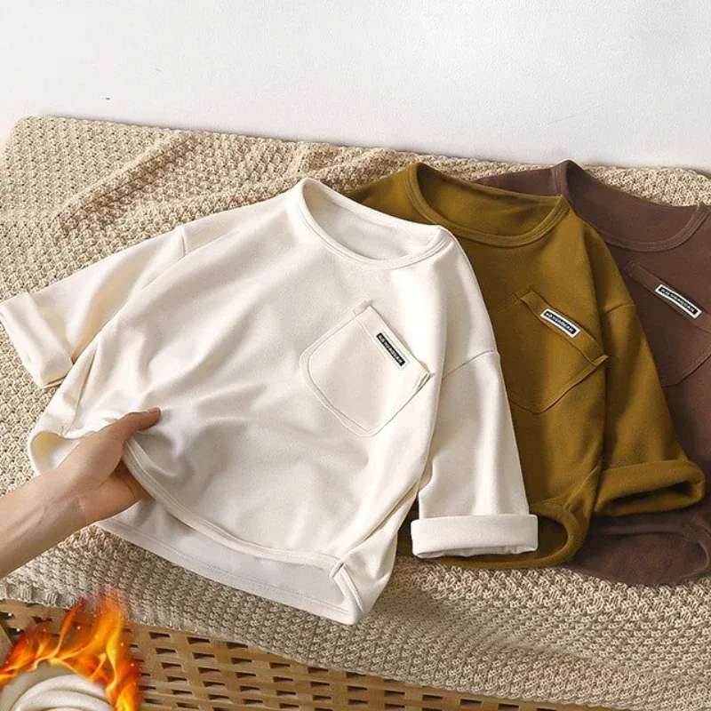 Kids Velvet Lined Long Sleeve Base Shirt for Boys and Girls, Warm Pullover Blouse for Autumn and Winter thumbnail 2
