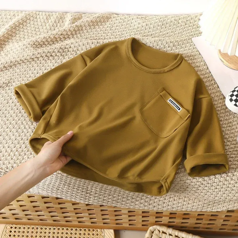 Kids Velvet Lined Long Sleeve Base Shirt for Boys and Girls, Warm Pullover Blouse for Autumn and Winter thumbnail 3