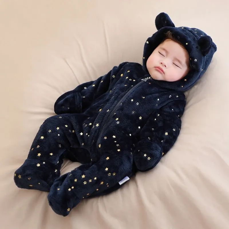 Newborn Baby Flannel Romper Soft Warm Autumn Winter Bodysuit for Boys & Girls, Cute Cartoon Print Jumpsuit, Hooded Design for Extra Warmth, Ages 0-19 Months showcase 1