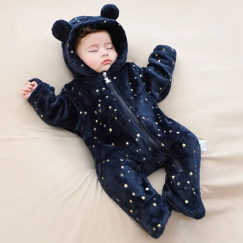 Newborn Baby Flannel Romper Soft Warm Autumn Winter Bodysuit for Boys & Girls, Cute Cartoon Print Jumpsuit, Hooded Design for Extra Warmth, Ages 0-19 Months showcase 3