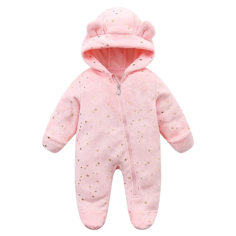 Newborn Baby Flannel Romper Soft Warm Autumn Winter Bodysuit for Boys & Girls, Cute Cartoon Print Jumpsuit, Hooded Design for Extra Warmth, Ages 0-19 Months thumbnail 5