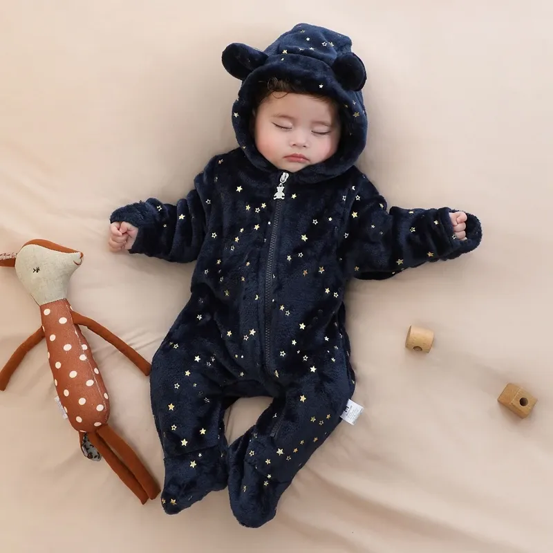 Newborn Baby Flannel Romper Soft Warm Autumn Winter Bodysuit for Boys & Girls, Cute Cartoon Print Jumpsuit, Hooded Design for Extra Warmth, Ages 0-19 Months thumbnail 2