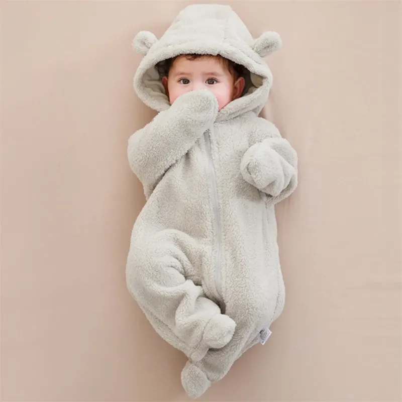 Newborn Baby Flannel Romper Soft Warm Autumn Winter Bodysuit for Boys & Girls, Cute Cartoon Print Jumpsuit, Hooded Design for Extra Warmth, Ages 0-19 Months showcase 4