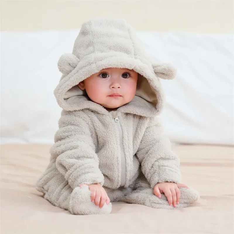 Newborn Baby Flannel Romper Soft Warm Autumn Winter Bodysuit for Boys & Girls, Cute Cartoon Print Jumpsuit, Hooded Design for Extra Warmth, Ages 0-19 Months showcase 5