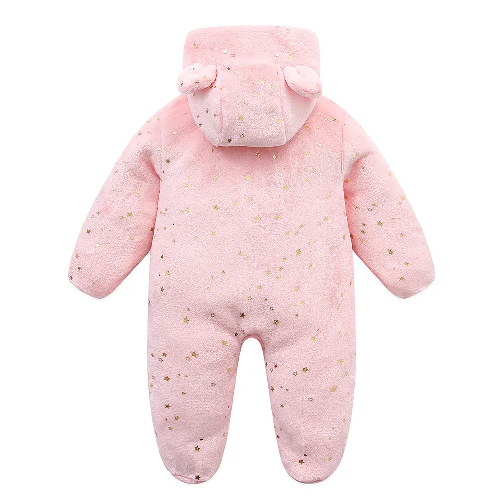 Newborn Baby Flannel Romper Soft Warm Autumn Winter Bodysuit for Boys & Girls, Cute Cartoon Print Jumpsuit, Hooded Design for Extra Warmth, Ages 0-19 Months thumbnail 6
