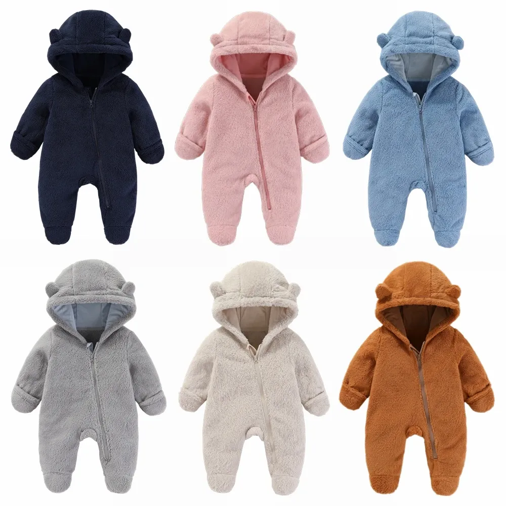 Newborn Baby Flannel Romper Soft Warm Autumn Winter Bodysuit for Boys & Girls, Cute Cartoon Print Jumpsuit, Hooded Design for Extra Warmth, Ages 0-19 Months showcase 6