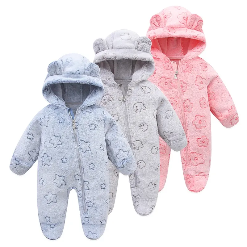 Newborn Baby Flannel Romper Soft Warm Autumn Winter Bodysuit for Boys & Girls, Cute Cartoon Print Jumpsuit, Hooded Design for Extra Warmth, Ages 0-19 Months showcase 9
