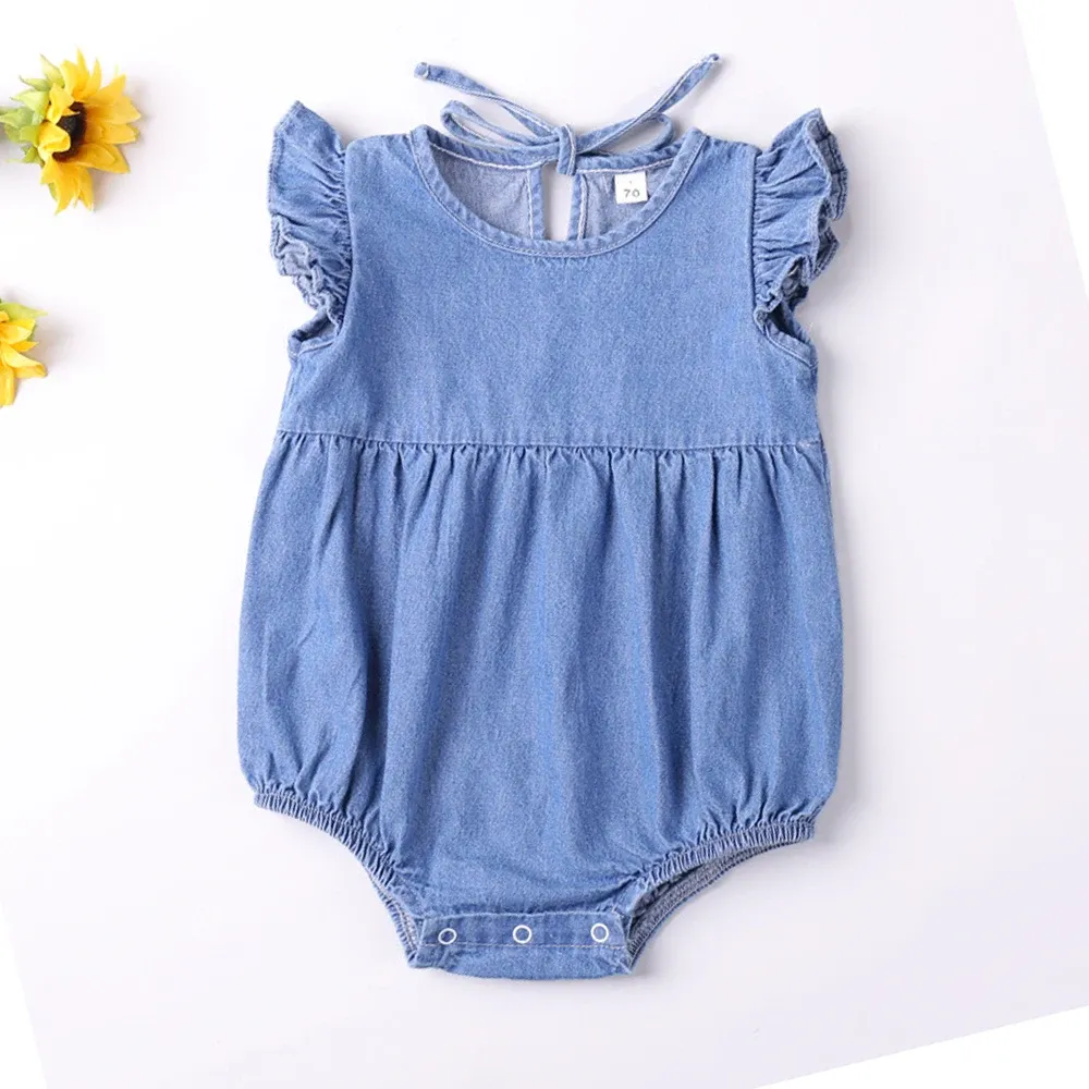 Baby Girls Ruffled Cotton Denim Romper - Sleeveless Summer Bodysuit Sunsuit for Toddlers & Newborns