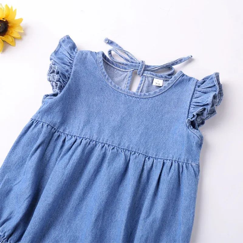 Baby Girls Ruffled Cotton Denim Romper - Sleeveless Summer Bodysuit Sunsuit for Toddlers & Newborns thumbnail 4