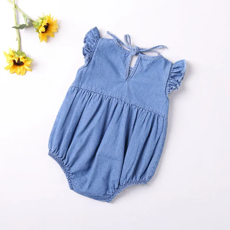 Baby Girls Ruffled Cotton Denim Romper - Sleeveless Summer Bodysuit Sunsuit for Toddlers & Newborns showcase 2