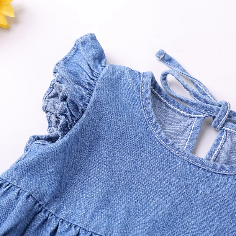 Baby Girls Ruffled Cotton Denim Romper - Sleeveless Summer Bodysuit Sunsuit for Toddlers & Newborns showcase 3