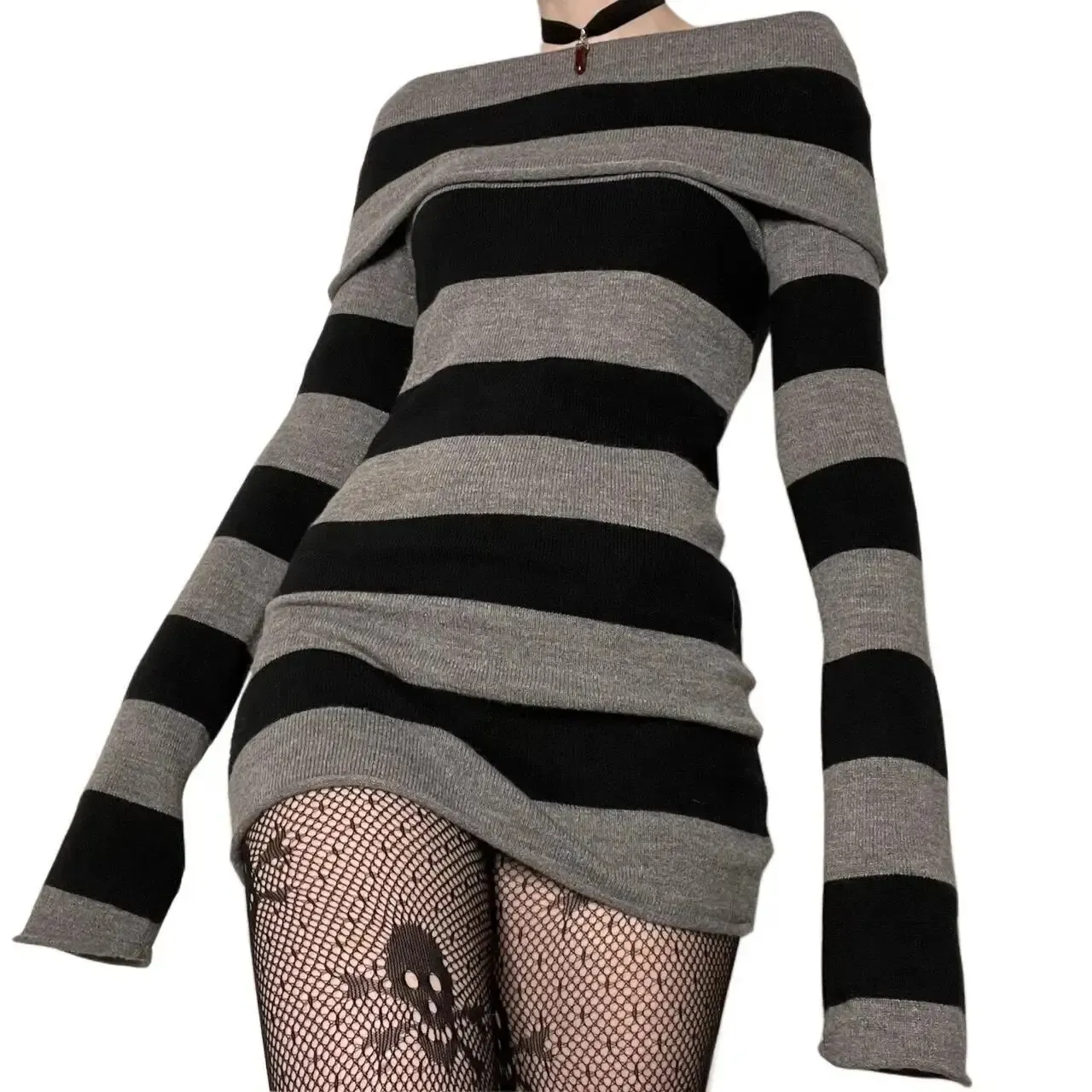 Women's Striped Boat Neck Off-Shoulder Long Sleeve Mini Bodycon Dress - Chic Party & Casual Wear thumbnail 1