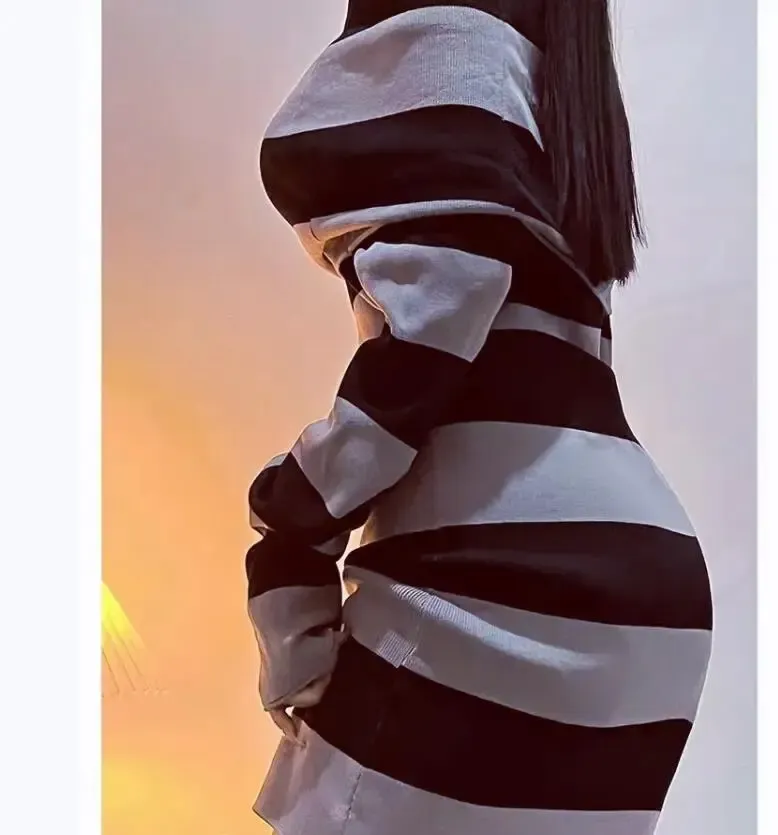 Women's Striped Boat Neck Off-Shoulder Long Sleeve Mini Bodycon Dress - Chic Party & Casual Wear showcase 6