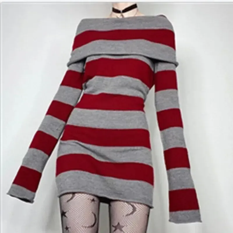 Women's Striped Boat Neck Off-Shoulder Long Sleeve Mini Bodycon Dress - Chic Party & Casual Wear showcase 2