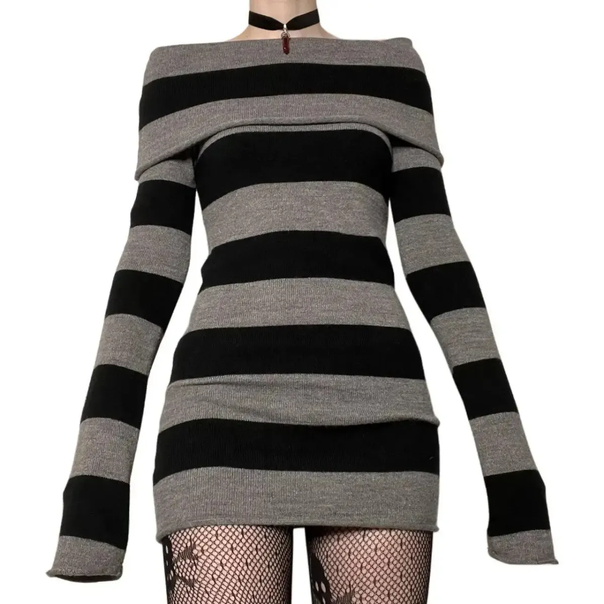 Women's Striped Boat Neck Off-Shoulder Long Sleeve Mini Bodycon Dress - Chic Party & Casual Wear showcase 3