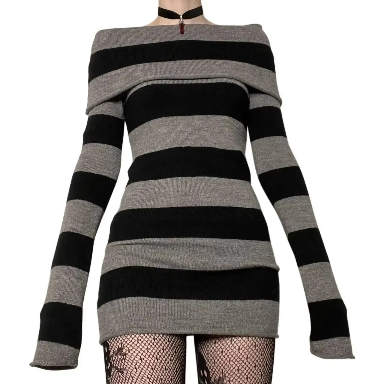 Women's Striped Boat Neck Off-Shoulder Long Sleeve Mini Bodycon Dress - Chic Party & Casual Wear thumbnail 3